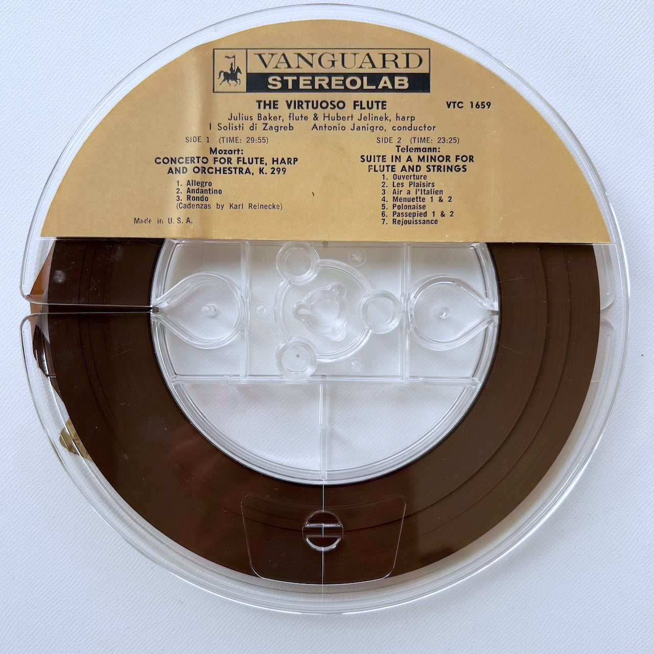 オープンリール/ ジュリアス・ベイカー / モーツァルト：フルートとハープのための協奏曲 他 / US盤 7号 4トラック 19cm/s (7 1/2IPS) インサート VANGUARD VTC1659