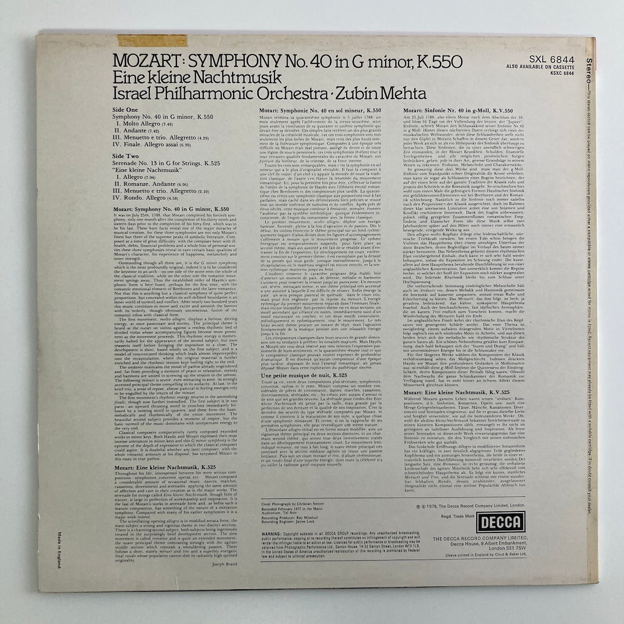LP/ ズービン・メータ、イスラエル・フィルハーモニー管弦楽団 / モーツァルト：交響曲第40番、アイネ・クライネ・ナハトムジーク / UKオリジナル盤 ED4 DECCA テープ CS付 DECCA SXL6844