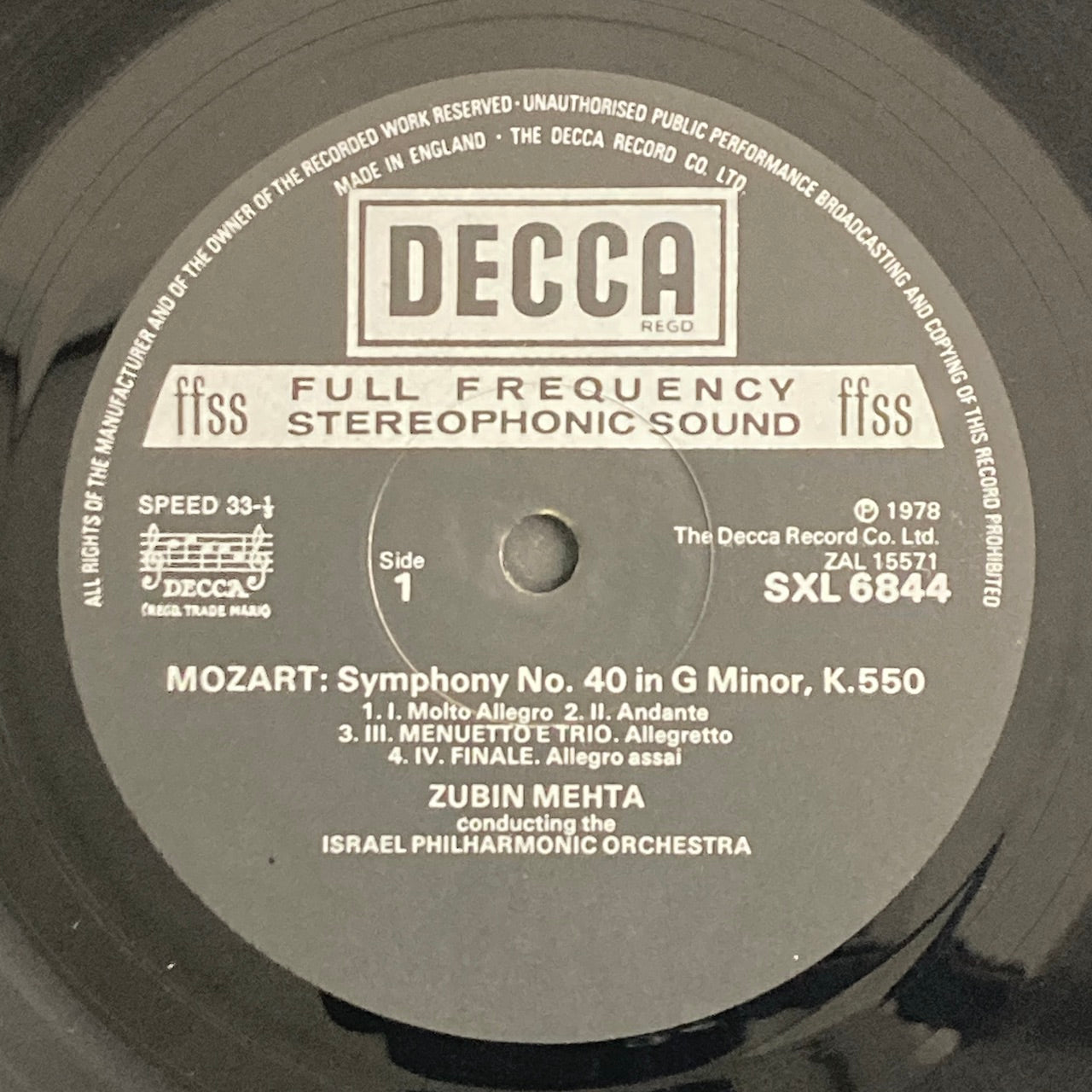 LP/ ズービン・メータ、イスラエル・フィルハーモニー管弦楽団 / モーツァルト：交響曲第40番、アイネ・クライネ・ナハトムジーク / UKオリジナル盤 ED4 DECCA テープ CS付 DECCA SXL6844