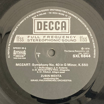 LP/ ズービン・メータ、イスラエル・フィルハーモニー管弦楽団 / モーツァルト：交響曲第40番、アイネ・クライネ・ナハトムジーク / UKオリジナル盤 ED4 DECCA テープ CS付 DECCA SXL6844