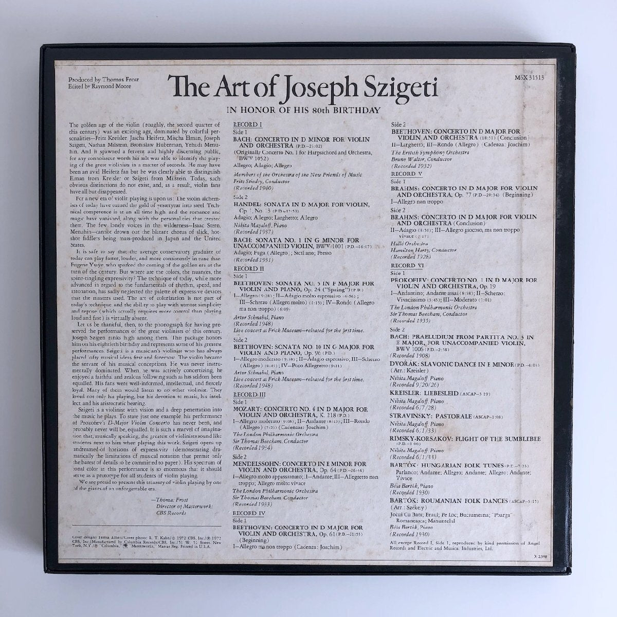 LP/ ヨーゼフ・シゲティ / シゲティの芸術 / US盤 6枚組 BOX ブックレット・白スリーヴ COLUMBIA M6X31513