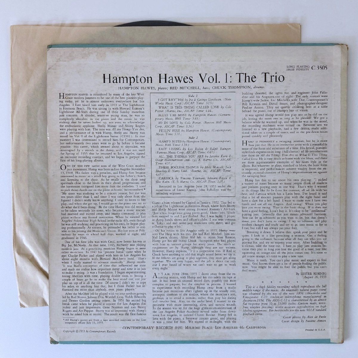 LP/ HAMPTON HAWES / HAMPTON HAWES VOL. 1 / ハンプトン・ホーズ / US盤 黄色ラベル DG 青ジャケ CONTEMPORARY C3505