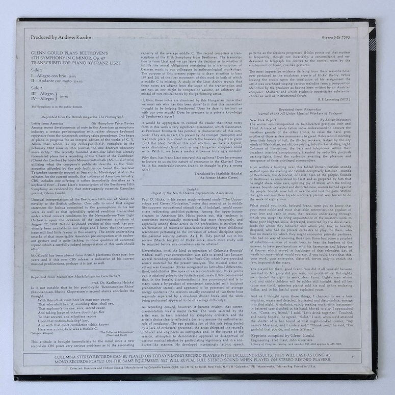 LP/ グレン・グールド / べートーヴェン：交響曲第5番「運命」（リスト編曲ピアノ版） / US盤 オリジナル、2EYE COLUMBIA MS7095